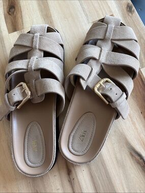 ZARA Fisherman Beige Suede Leather Slide Sandals